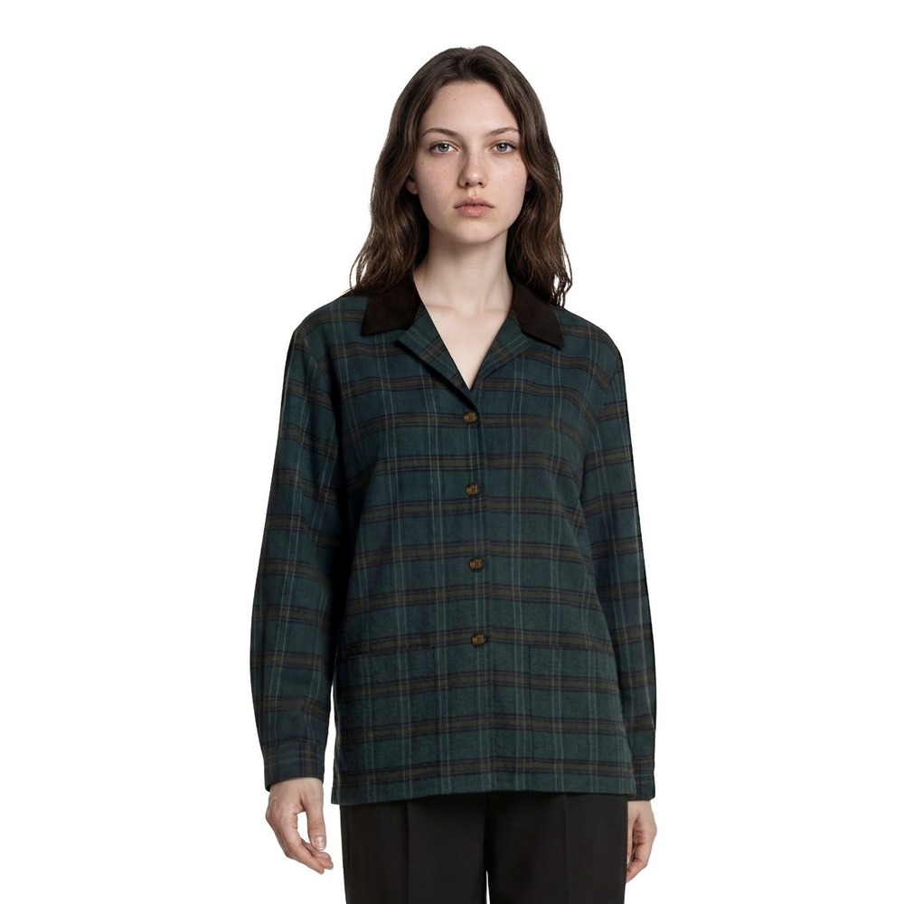Vintage Talbots Shirt Jacket Womens Size 18 Teal Plaid 100% Wool Corduroy Collar